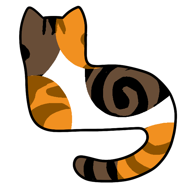 calico silhouette of a cat lying down with its head up and tail curved below. it has stripes on the black and orange parts like a classic tabby with swirly stripes
